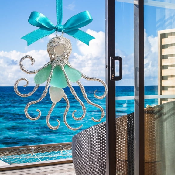 CuiLiyq Handmade Sea Glass Ornament, 3D Glass Octopus Shaped Pendant, Sea Animal Ornaments for Christmas Tree Home Decor, Sea Themed Gift for Sea Watchers and Beach Lovers (Octopus)