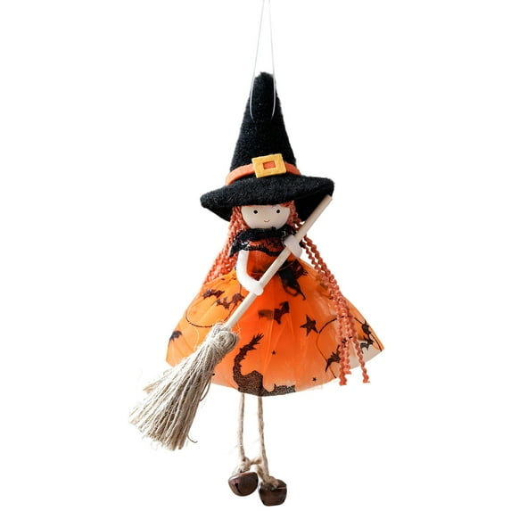 CuiLiyq Hanging Witch Dolls with Broom, Halloween Small Witch Figurine with Gauze Skirt, Halloween Hanging Decoration for Haunted House Room Door and Window (Orange)