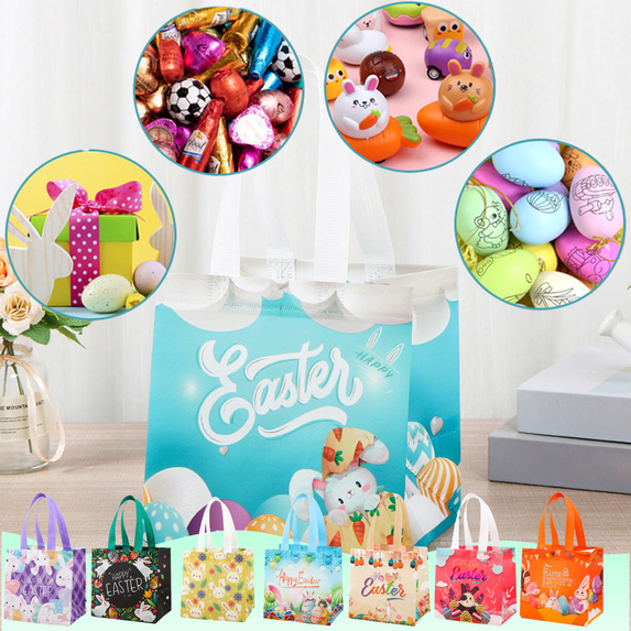 CuiLiyq Happy Easter Gift Bag with Handles, Reusable Easte Egg Hunt Bag, Multifunctional Non Woven Spring Tote Goodie Bag for Easter Gifts Wrapping, Party Favors and Supplies, 7.9" x 7.9" x 5.9" (C)