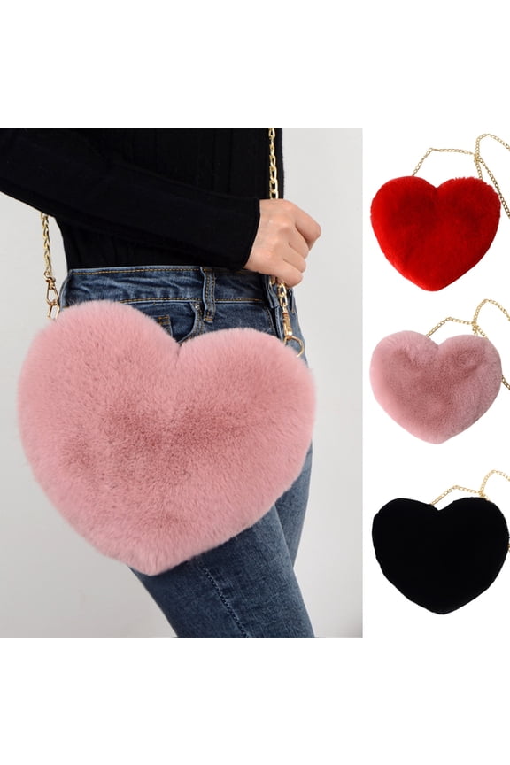 Heart Shaped Crossbody Bag, Soft Faux Fur Purse for Women, Cute Chain Shoulder Handbag with Zipper, Valentines Day Gift, Evening Clutch, Date Night, 9.8" x 8.6", Pink