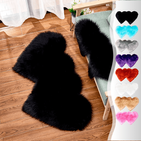 CuiLiyq Heart Shaped Fluffy Area Rug, Plush Non-Slip Bedside Carpet with Soft Flannel Surface for Bedroom Living Room Home Decor (27.5" x 13.7", Black)