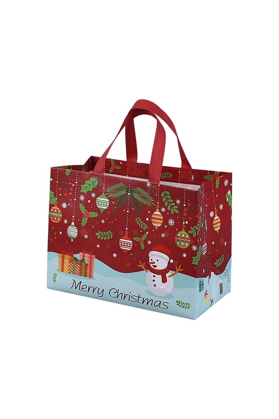 Large Christmas Gift Bag, 12.6" x 9.8" x 6.7" Christmas Tote Bags with Handles, Reusable Shopping Bag for Home Holiday Party Suppies (Red Background Snowman)