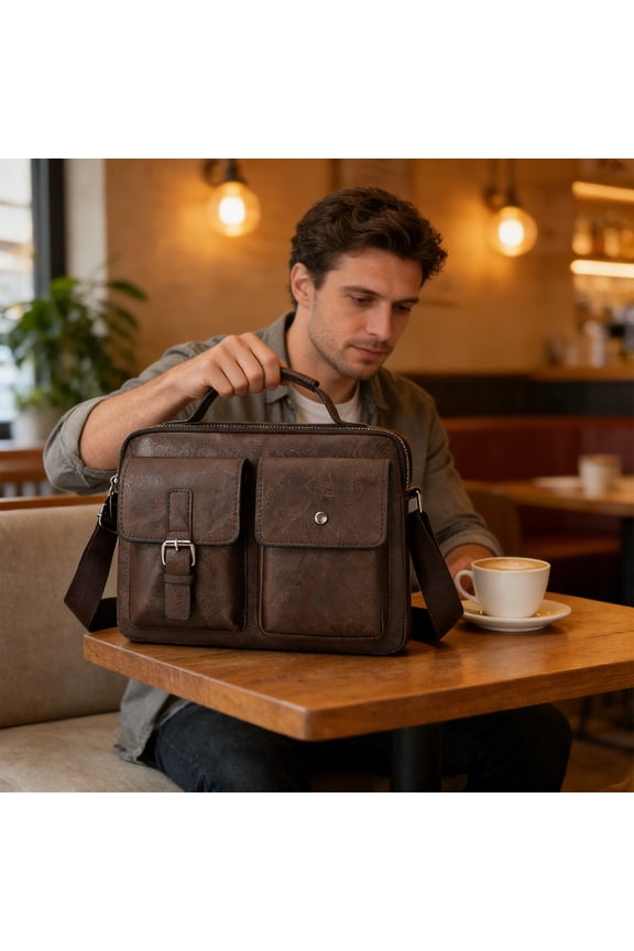 Leather Messenger Bag for Men, 1 Pack Vintage Water Resistant PU Leather Laptop Bag, Computer Bag Satchel for Work and Office, 11.4" x 7.9", Brown