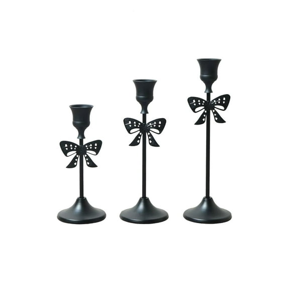 CuiLiyq Metal Candle Holders for Candlesticks, 3 Pcs Taper Candlestick Holders Set with Bowknot, Vintage Decorative Centerpiece Candelabra Tall Candle Stands for Christmas Wedding Party Decor (Black)