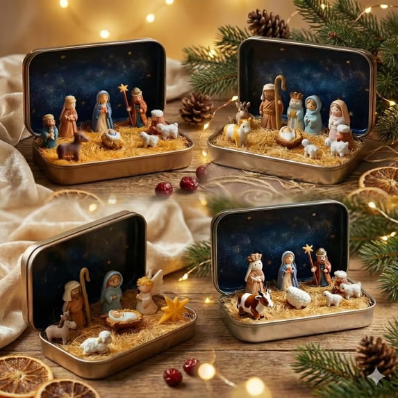 CuiLiyq Mini Nativity Set of 6, Miniature Nativity Scene Set in Decorative Tin Box, Complete Christmas Manger Display with Figures and Animals, Starry Night Background (E)