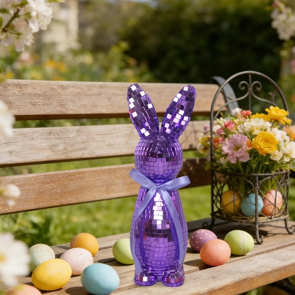 CuiLiyq Mosaic Glass Bunny Easter Decorations, Decorative Disco Rabbit Sculptures for Easter Centerpieces, Spring Tabletop and Shelf Decor, Home Decoration Seasonal Gift (Purple)