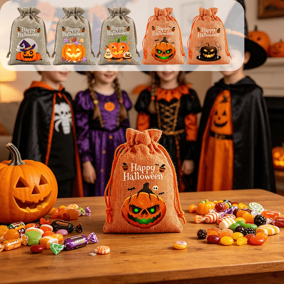CuiLiyq Orange Halloween Drawstring Candy Bags, Party Goodie Storage, Front Porch Snack Tote, Holiday Small Favor Packaging Sacks