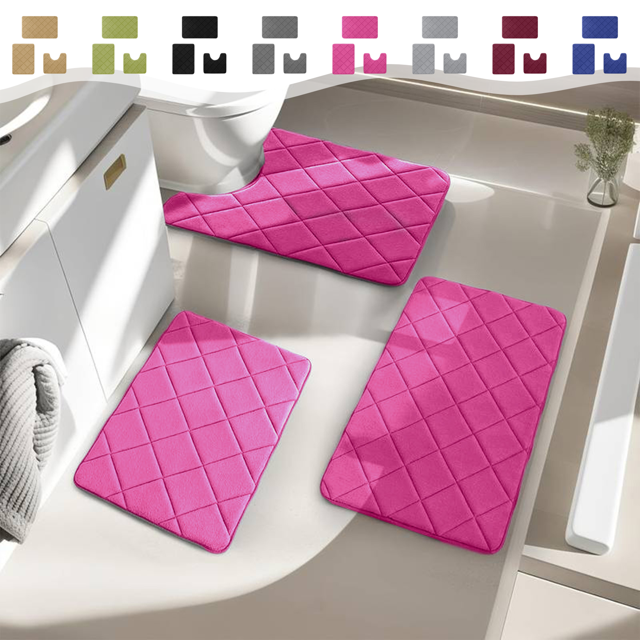 CuiLiyq Pink Bathroom Rug Set 3 Piece, Soft Memory Foam Bath Mat Non Slip, Machine Wash Bath Rug Set Water Absorbent for Bathroom Toilet, 1 U Shape Rug, 2 Bath Mats (Pink)