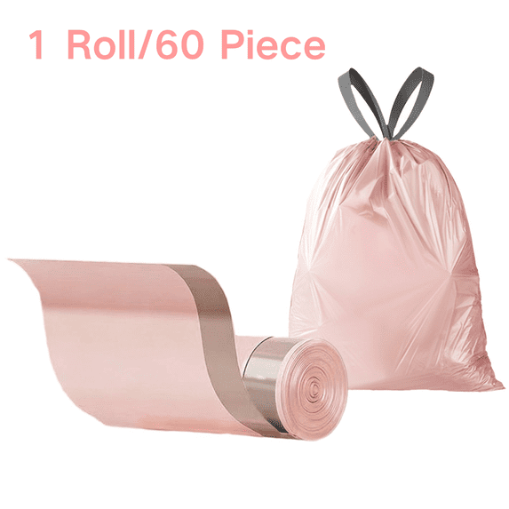 CuiLiyq Pink Trash Bags with Drawstring, 60 Count Kitchen Bathroom Garbage Bags, Leak Proof Trash Bags for Home, Kitchen, Office (1 Roll/60 Piece, Pink)