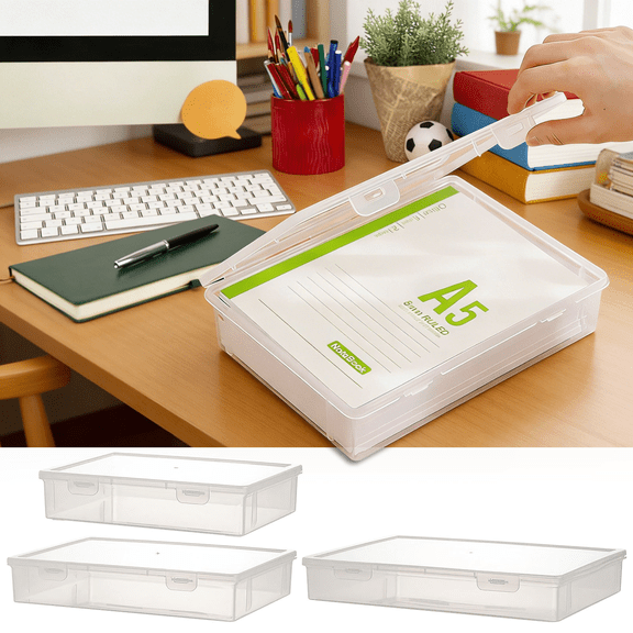 CuiLiyq Plastic Storage Containers for A4 File, 8.6" x 6.1" Clear Plastic Storage Box with Flap Lid for Office Student Study Supplies, Stackable Storage Bin