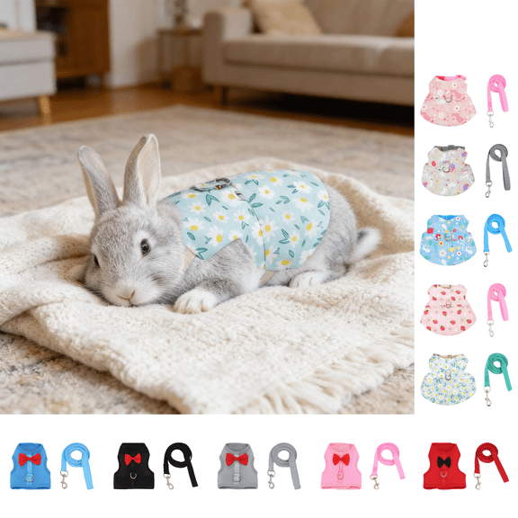 CuiLiyq Rabbit Leash and Harness Set, Pet Traction Rope and Vest Harness for Rabbit Guinea Pig, Breathable Mesh with Adjustable Straps (Blue)