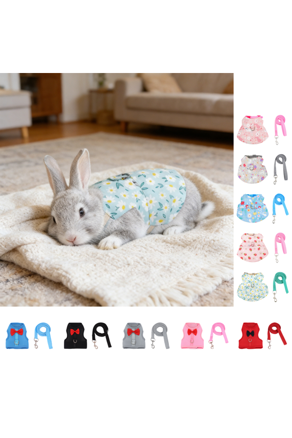 Rabbit Leash and Harness Set, Pet Traction Rope and Vest Harness for Rabbit Guinea Pig, Breathable Mesh with Adjustable Straps (Blue)