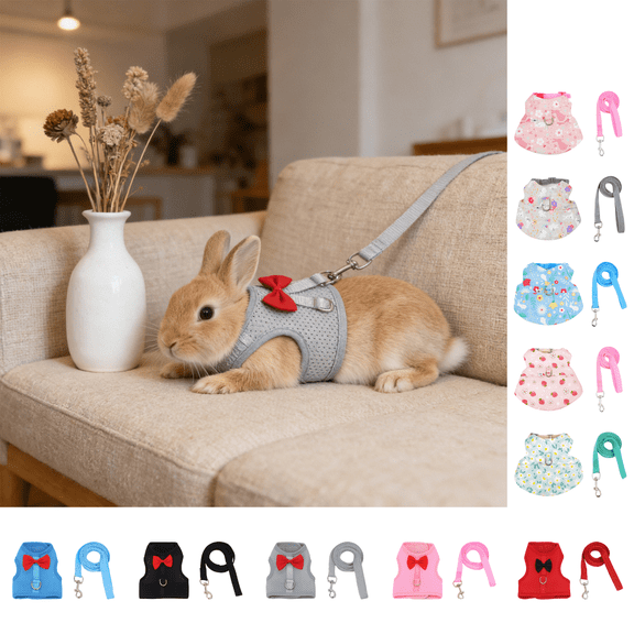 CuiLiyq Rabbit Leash and Harness Set, Pet Traction Rope and Vest Harness for Rabbit Guinea Pig, Breathable Mesh with Adjustable Straps (Gray)