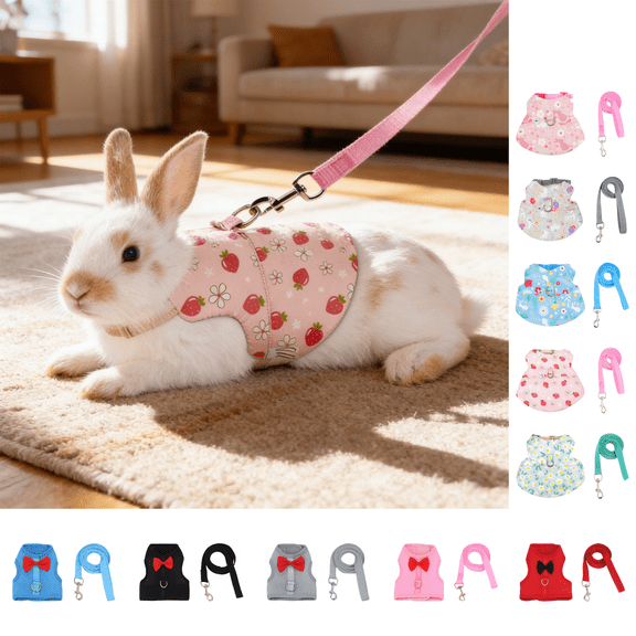 CuiLiyq Rabbit Leash and Harness Set, Pet Traction Rope and Vest Harness for Rabbit Guinea Pig, Breathable Mesh with Adjustable Straps (Pink)