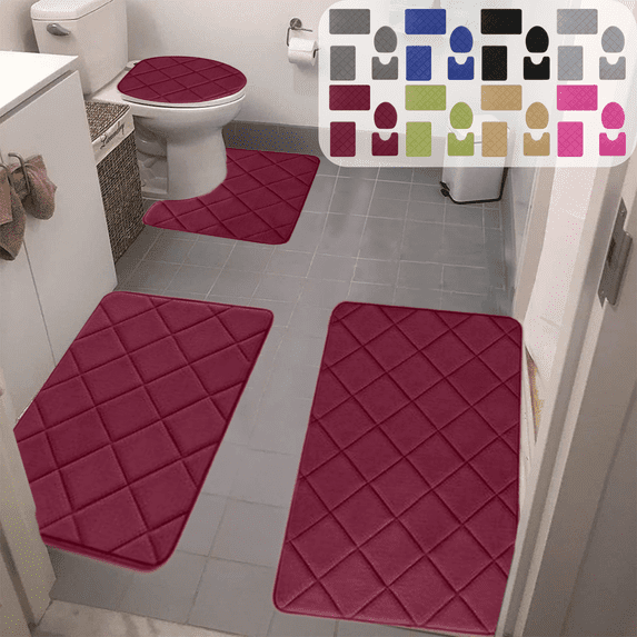 CuiLiyq Red Bathroom Rug Set 4 Piece, Soft Memory Foam Bath Mat Non Slip, Machine Wash Bath Rug Set Water Absorbent for Bathroom Toilet, 1 Toilet Cover, 1 U Shape Rug, 2 Bath Mats (Red)
