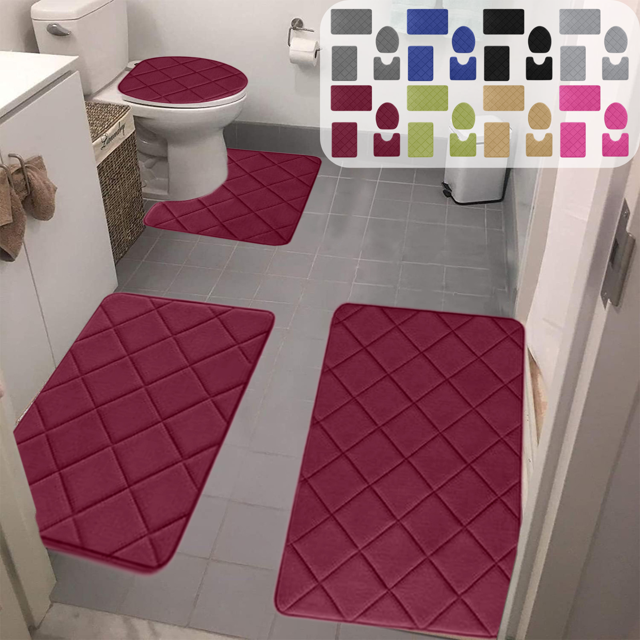 CuiLiyq Red Bathroom Rug Set 4 Piece, Soft Memory Foam Bath Mat Non Slip, Machine Wash Bath Rug Set Water Absorbent for Bathroom Toilet, 1 Toilet Cover, 1 U Shape Rug, 2 Bath Mats (Red)