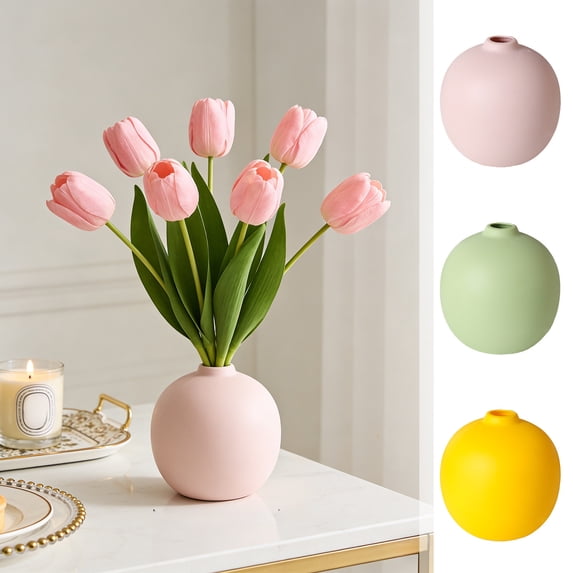 CuiLiyq Round Faux Ceramic Vase, Lightweight Plastic Planter Pot with Glossy Finish, for Tabletop Shelf Centerpiece, Round Vase for Pampas Grass (Pink)
