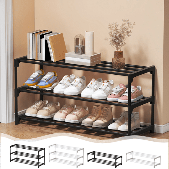 CuiLiyq Shoe Rack, 3-Tier Shoe Organizer, Metal Storage Shelf, Stackable Metal Frame Shelving Unit for Bedroom Closet Entryway Dorm Room (17.7" x 11" x 15", Black)