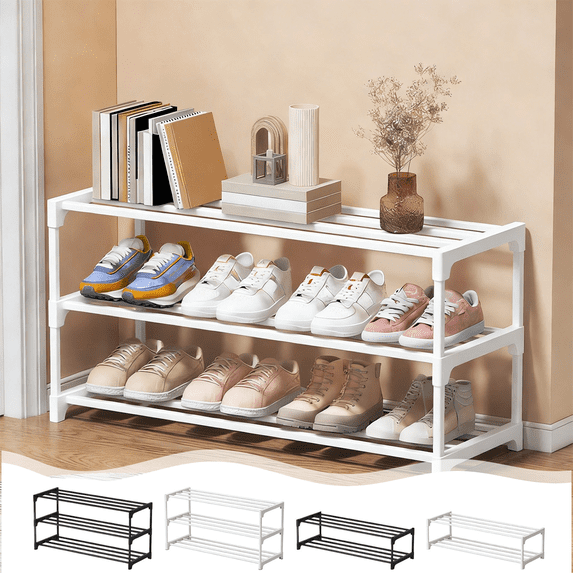 CuiLiyq Shoe Rack, 3-Tier Shoe Organizer, Metal Storage Shelf, Stackable Metal Frame Shelving Unit for Bedroom Closet Entryway Dorm Room (17.7" x 11" x 15", White)