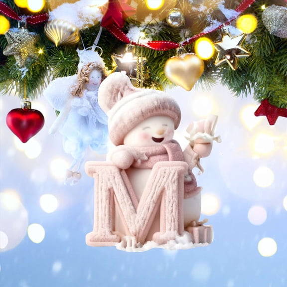 CuiLiyq Snowman Initial Pendant, 2D Flat Acrylic Personalized Pink Snowman Decoration, for Family Festivals Weddings Parties Pendants, and Christmas Gifts (Letter - M)