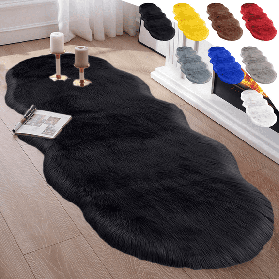 CuiLiyq Soft Faux Fur Rug, Black Fluffy Bedside Runner Rugs for Bedroom Bedside Bed Floor Living Room, Plush High Density Cushion Carpet, 55.1" x 19.6", Black