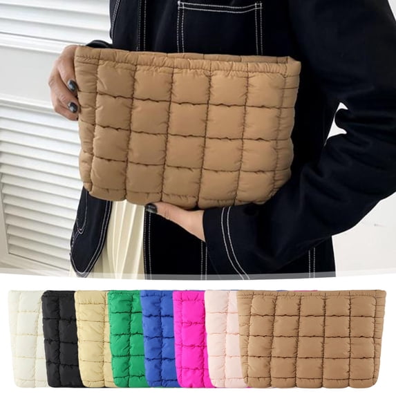 CuiLiyq Solid Color Quilted Cosmetic Bag Nylon, 10" x 6.5" Travel Makeup Organizer Storage Pouch for Women Daily Use Shopping Vacation (Brown)