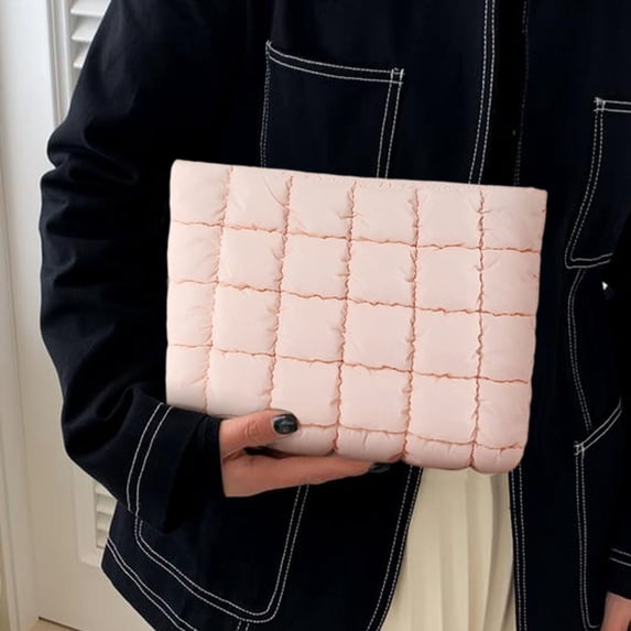 CuiLiyq Solid Color Quilted Cosmetic Bag Nylon, 10" x 6.5" Travel Makeup Organizer Storage Pouch for Women Daily Use Shopping Vacation (Pink)