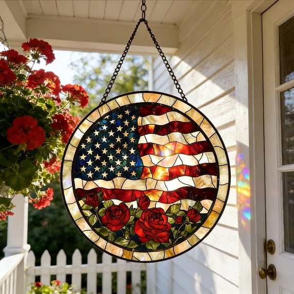 CuiLiyq Stained Glass Hanging Ornament, 6.3" Round Rose and Flag Pattern Light-Catching Decor for Window Indoor Outdoor Home, Multicolor