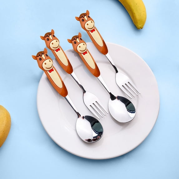 CuiLiyq Stainless Steel Fork and Spoon Set with Cartoon Horse Decoration, Cute Stainless Steel Flatware Set, Dishwasher Safe Cutlery Set for Home Kitchen(2 Pcs Spoon and 2 Pcs Fork, Silver)