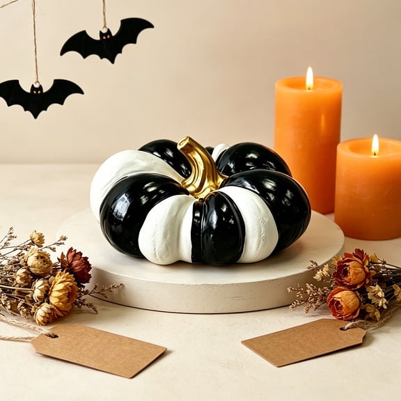 CuiLiyq Stripe Pumpkin Table Figurine, Black White Resin Pumpkin Decor, Autumn Tabletop Ornament, for Coffee Table Styling, Shelf Display, Holiday Sideboard Accent