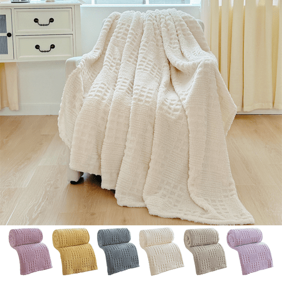CuiLiyq Throw Blanket for Couch or Bed, Waffle Weave Jacquard Decorative Blankets, Cozy Soft Lightweight Fuzzy Flannel Blanket, 39.4" x 27.5", Beige