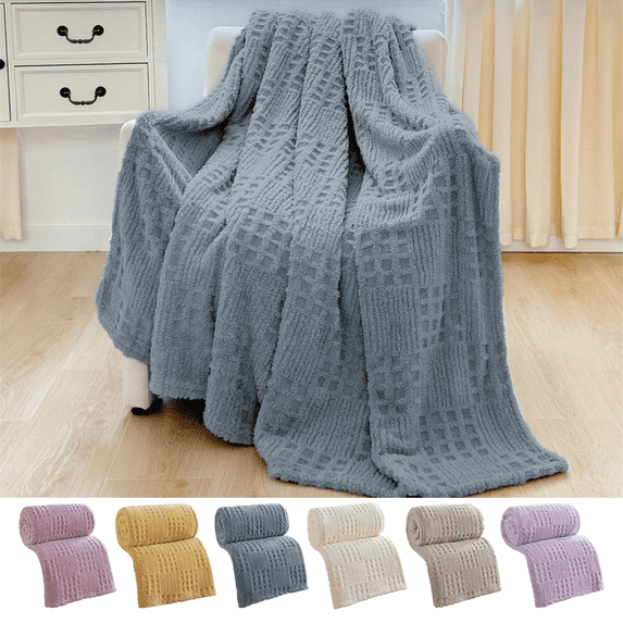 CuiLiyq Throw Blanket for Couch or Bed, Waffle Weave Jacquard Decorative Blankets, Cozy Soft Lightweight Fuzzy Flannel Blanket, 39.4" x 27.5", Blue