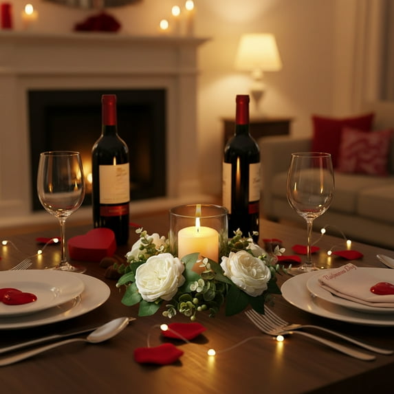 CuiLiyq Valentine Day Artificial Rose Candle Rings Floral Wreath, 1 Pcs Small Tea Light Candle Holder, Greenery Garland for Spring Home Farmhouse Party Tables Centerpieces Decoration (White)