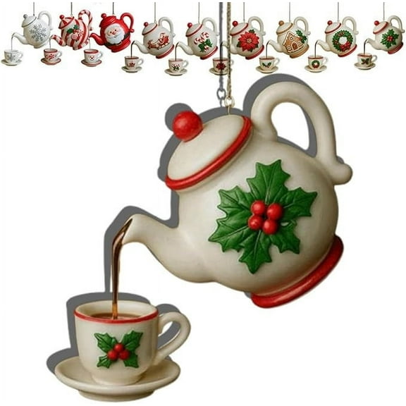 CuiLiyq Vintage Style Christmas Teapot Ornament, 2D Acrylic Hanging Tree Ornaments with Ceramic Style and Tea Cup Design, Festive Holiday Decoration, Collectible Gift for Tea Lovers