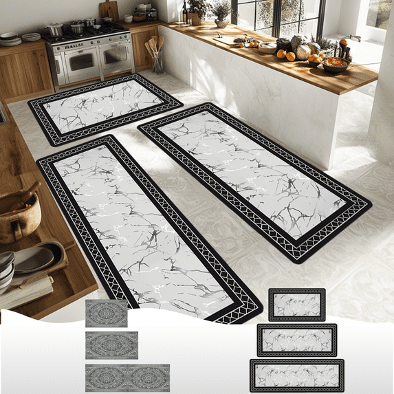 CuiLiyq Washable Kitchen Rugs Sets of 3, Non Slip Kitchen Mats for Floor with Rubber Backing, Waterproof and Stain Resistant Carpet Runner Throw Rug for Kitchen, Laundry Room, Hallway, Black