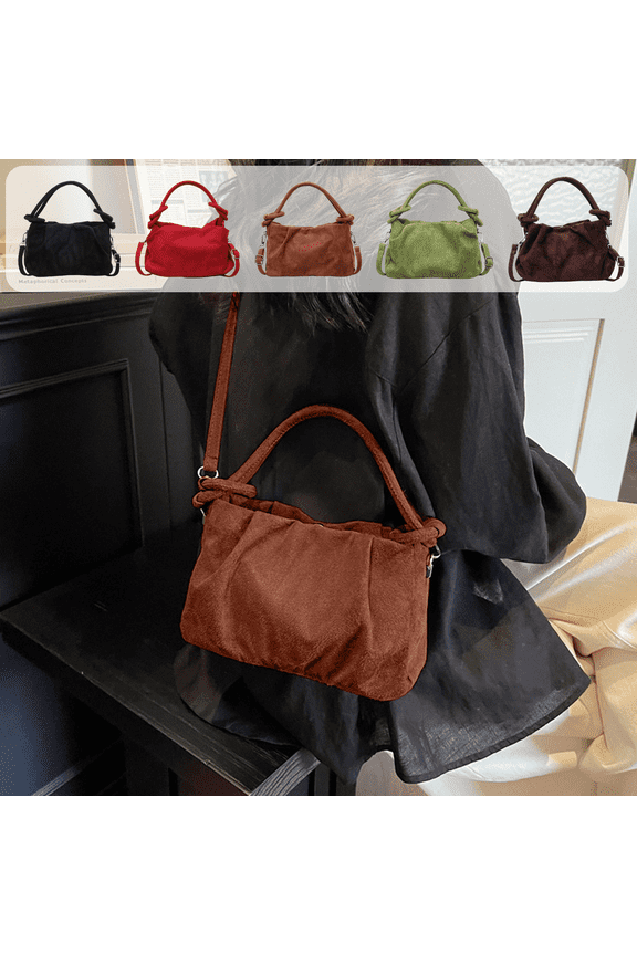 Women Vintage Suede Handbag Small Tote Bag, Small Bucket Bag Faux Suede Crossbody Bag Everyday Shoulder Bag Winter Purse, 8.27" x 5.12", Brown