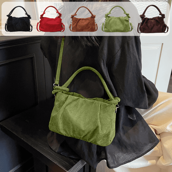 CuiLiyq Women Vintage Suede Handbag Small Tote Bag, Small Bucket Bag Faux Suede Crossbody Bag Everyday Shoulder Bag Winter Purse, 8.27" x 5.12", Red