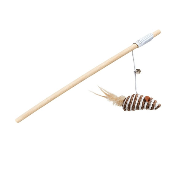 CuiLiyq Wood Cat Wand Toy with Feather Mouse, Interactive Cat Toy for Indoor Cats Kitten to Play Chase Exercise, 15.7 Inch, Style-B