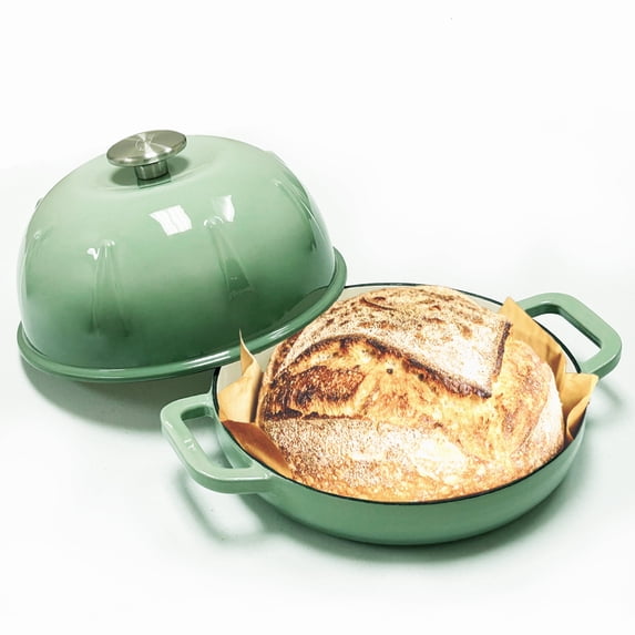 Cuisiland 5 QT Enameled Cast Iron Round Bread Oven (Green) with 10-inch Diameter, for Cooking, Baking, Roasting, Suitable for Stoves, Ovens, and Grills