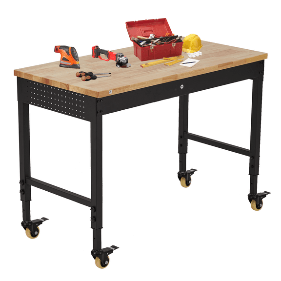 CuisinAid 48"L Heavy-Duty Workbench, 2000LB Capacity Solid Wood Top with Power Outlet,Adjustable Mobile Garage Work Table with Wheels for Workshop, Home DIY