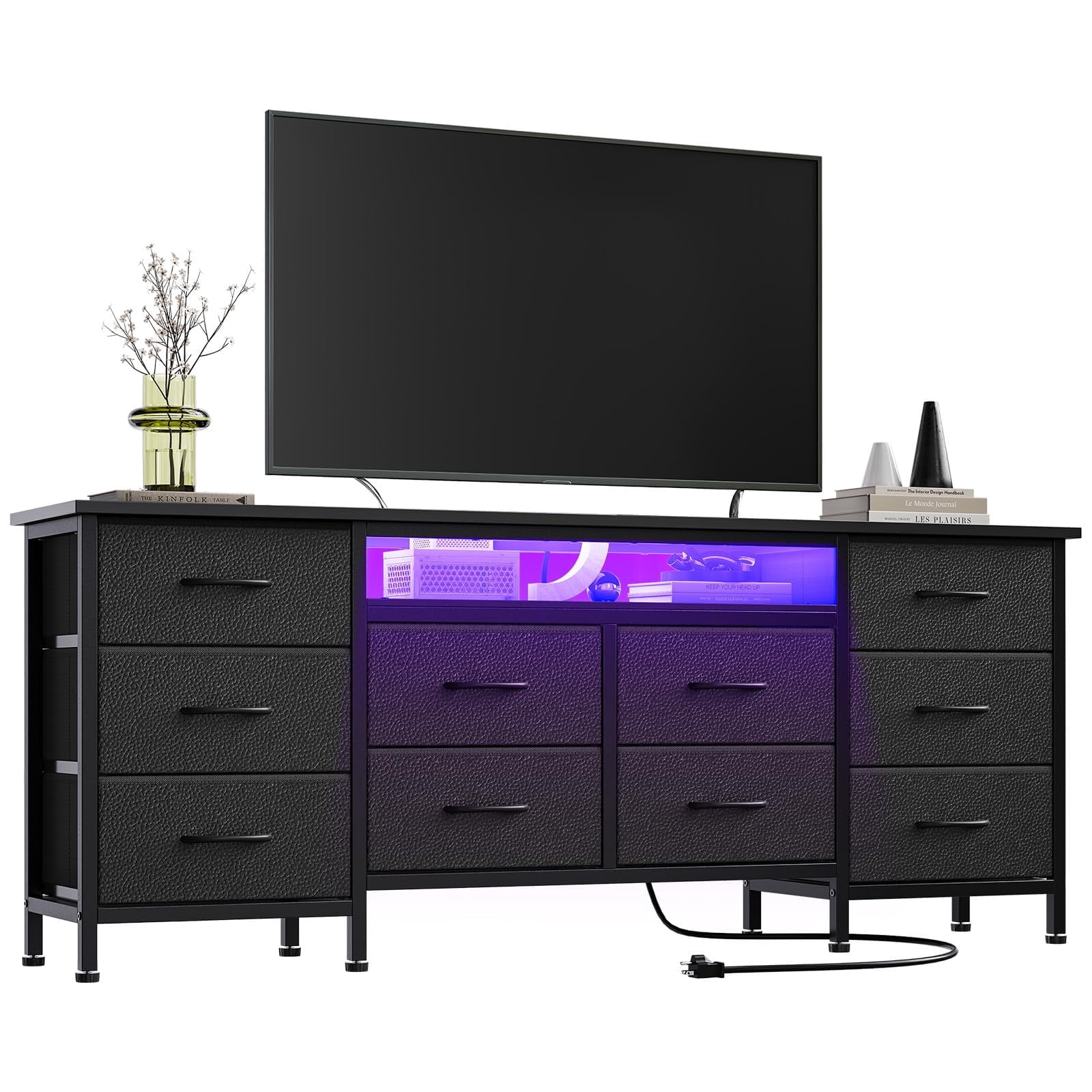 CuisinAid 63-Inch Long Dresser TV Stand with LED lights & Power Outlet, Entertainment Center with 10 Fabric Drawers Dressers for Bedroom,Black