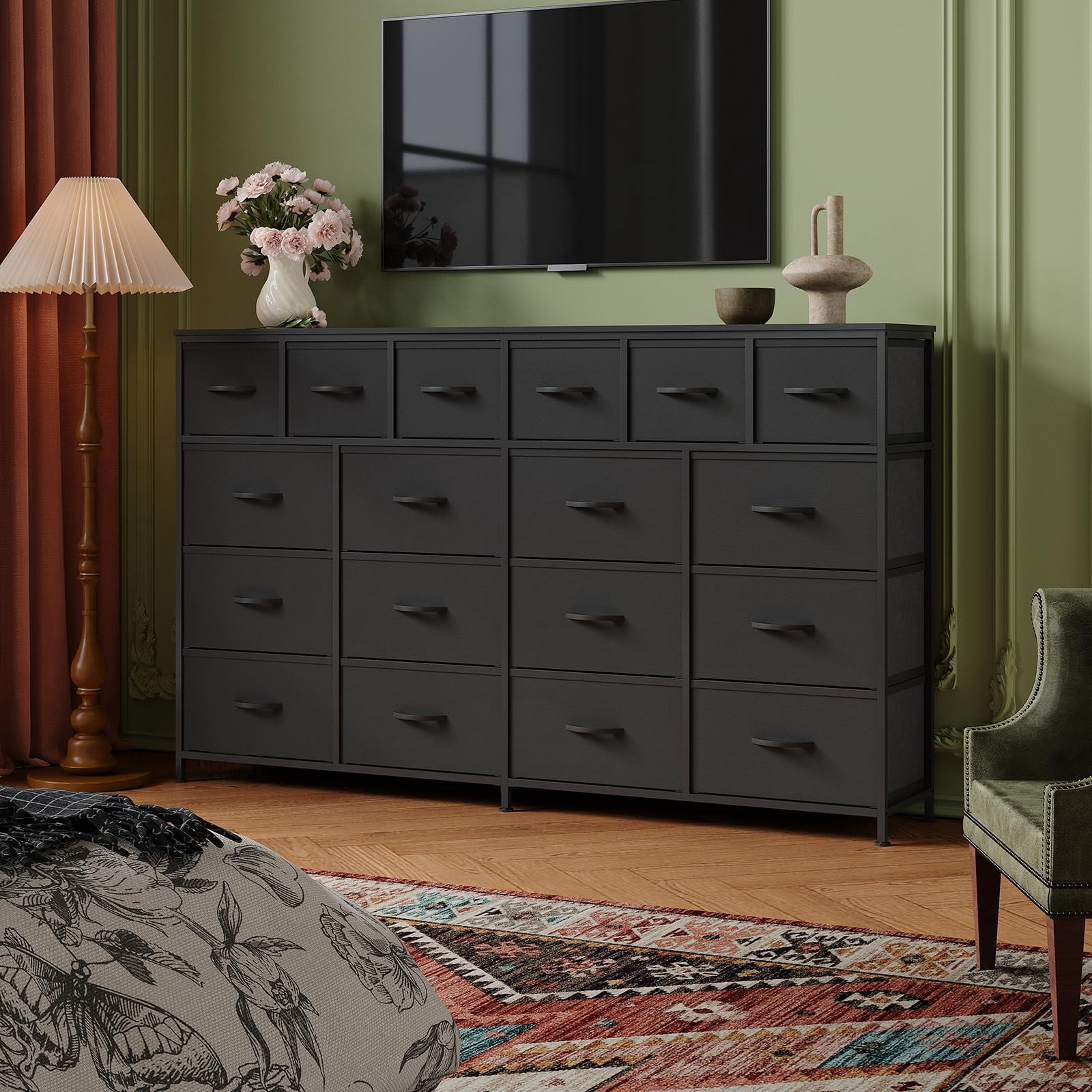 CuisinAid 63-Inch Wide 18-Drawer Dressers for Bedroom,Fabric Dresser with Metal Handles,Storage Organizer for Bedroom, Living Room, Hallway, White