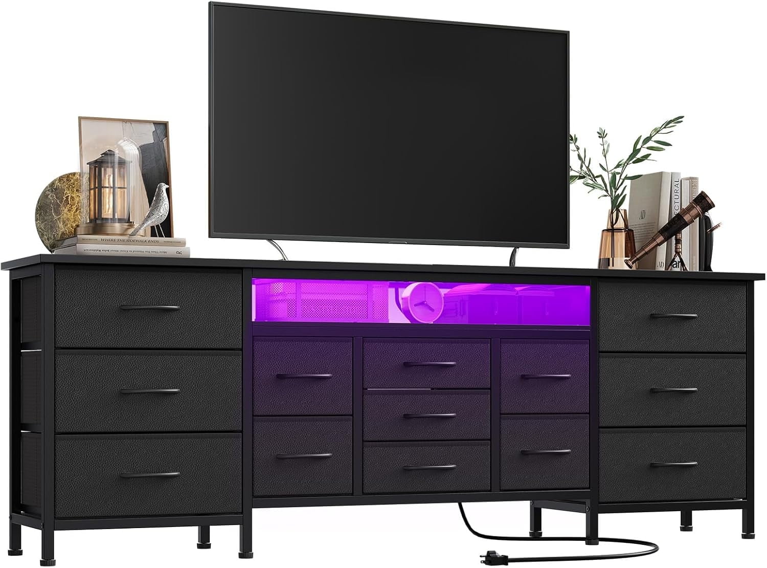 CuisinAid 70-Inch Black Dresser for Bedroom TV Stand with 13 Fabric Drawers Long Dresser with LED Lights and Power Outlets