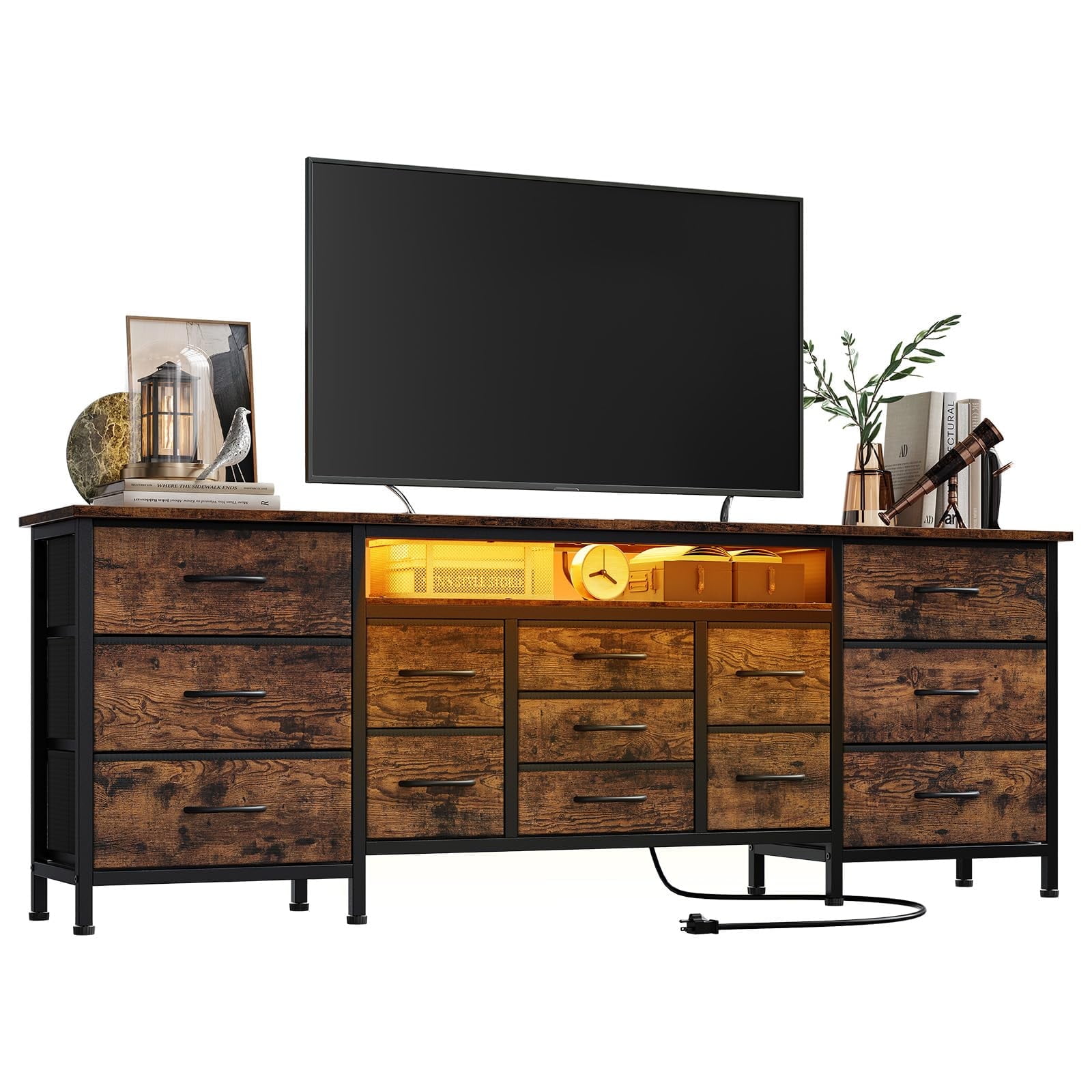 CuisinAid 70-Inch Long Dresser for Bedroom 13 Fabric Drawers Dresser with LED Lights and Power Outlets TV stand,Brown
