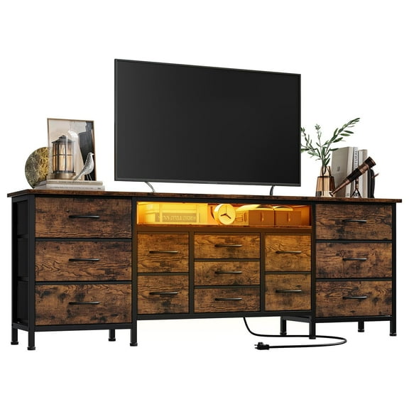 CuisinAid 70-Inch Long Dresser for Bedroom 13 Fabric Drawers Dresser with LED Lights and Power Outlets TV stand,Brown