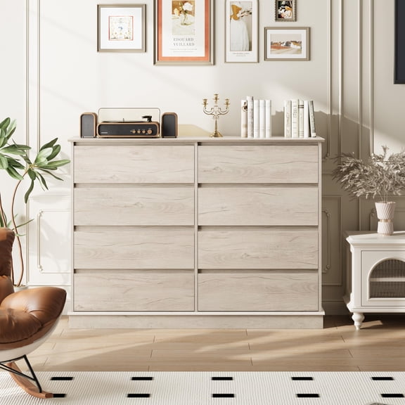 CuisinAid 8-Drawer Dresser, Large Chest of Drawers with Deep Storage & Wide Top, Horizontal Wooden Dresser for Bedroom, Living Room, Hallway,wood color