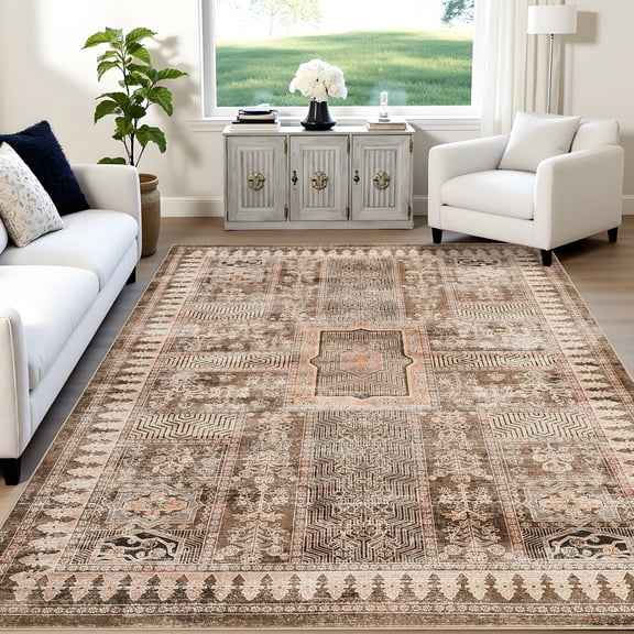 CuisinAid 8x10Ft Vintage Floral Area Rug, Washable Thin Carpet with Non-Slip Backing, Elegant Decorative Rug for Living Room, Bedroom, Office, Khaki