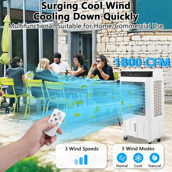 CuisinAid Evaporative Air Cooler, 1800CFM Swamp Cooler with Remote Control and 12H Timer, 4 Ice Packs, 3 Modes & Wind Speeds for Outdoor Indoor Use, 8.4 Gallon