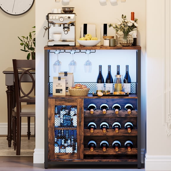 CuisinAid Wine Bar Cabinet with LED Lights, Adjustable Shelves, Glass Holders & Mesh Door, 3-Tier Sideboard for Kitchen, Dining Room, Living Room, Brown