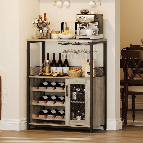 CuisinAid Wine Bar Cabinet with Adjustable Shelves, Glass Holders & Mesh Door, 3-Tier Sideboard for Kitchen, Dining Room, Living Room, Gray